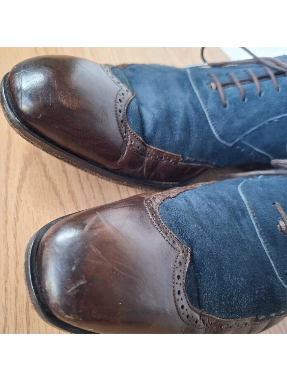 MEZLAN Men's 10.5 M Blue Suede Brown Leather Wingtip Oxford Dress Shoes Spain